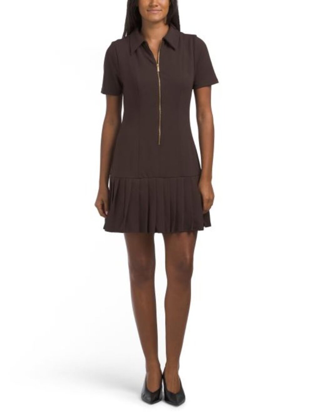 LONDON TIMES Zip Collar Pleated Skirt Mini Dress